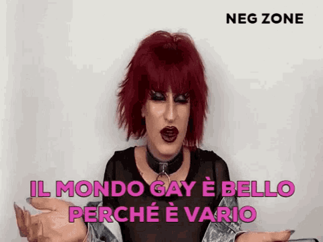 a drag queen with red hair is making a funny face while wearing a choker and denim jacket .
