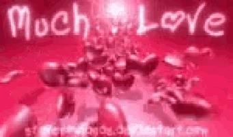 a bunch of hearts are floating in the air on a pink background with the words `` much love '' written on it .