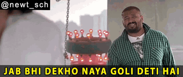 a man standing in front of a cake with the caption jab bhi dekho naya goli deti hai
