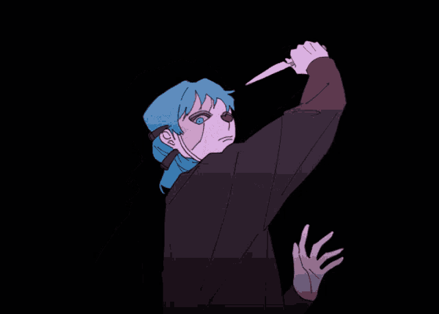 a drawing of a girl with blue hair covering her face