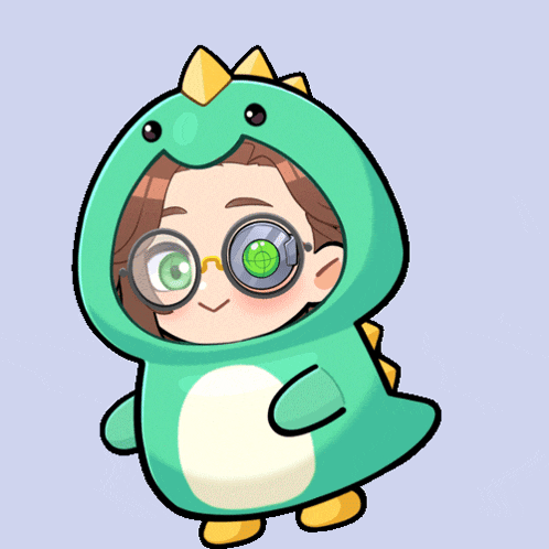 a cartoon character wearing glasses and a green dinosaur costume