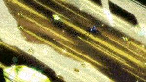 a person is riding a horse on a road with a lot of lights coming out of it .