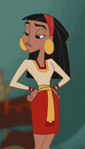 a cartoon character with her hands on her hips wearing a red skirt