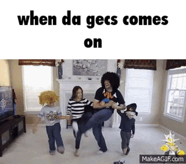a group of people dancing in a living room with the words when da gecs comes on above them