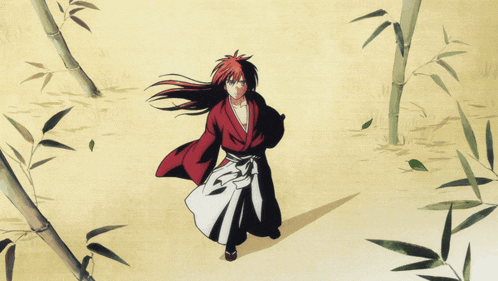 a drawing of a man in a red kimono surrounded by bamboo trees