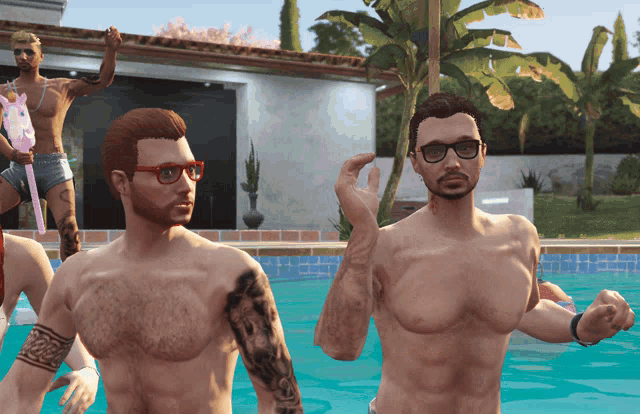 a group of men are standing in a pool without shirts