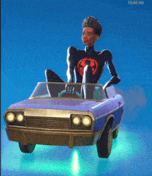 a man in a spiderman suit is driving a purple car with a blue background
