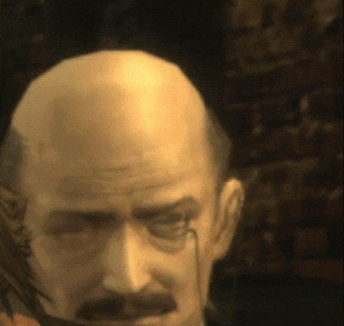 a bald man with glasses and a mustache is looking at the camera .