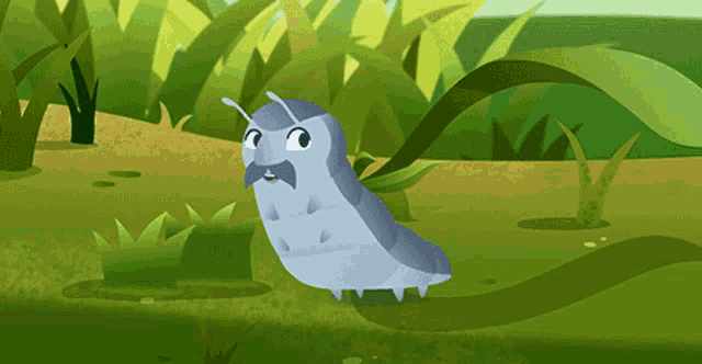 a cartoon drawing of a caterpillar with a mustache standing in the grass