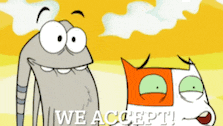 two cartoon characters are standing next to each other with the words " we accept " on the bottom
