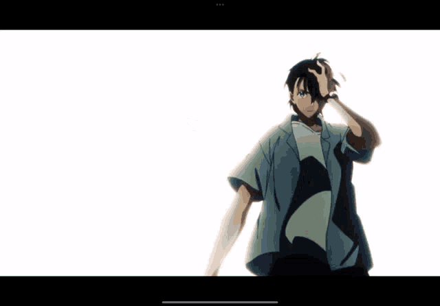 a person with blue eyes is holding a gun to their head