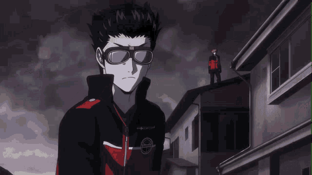 a group of anime characters are standing on a street with one holding a sword