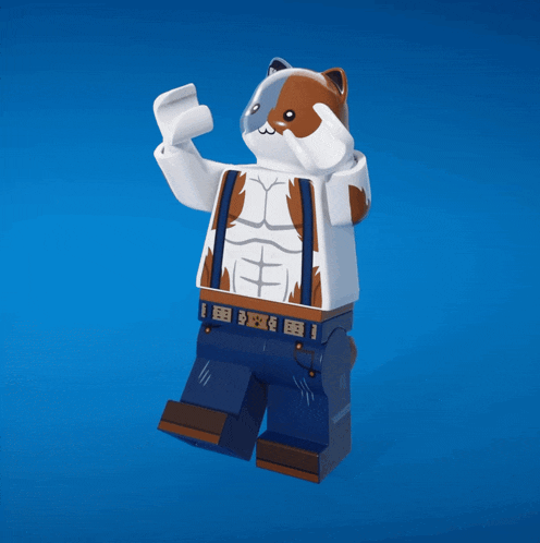 a lego figure of a cat with suspenders and a belt that says ' bb ' on it