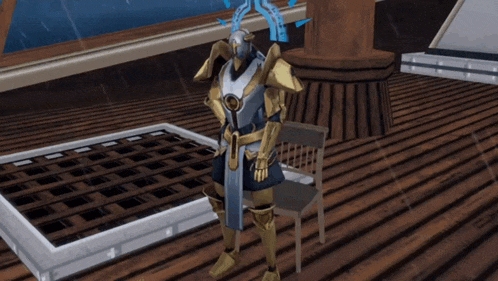 a knight in armor stands next to a chair on a wooden floor