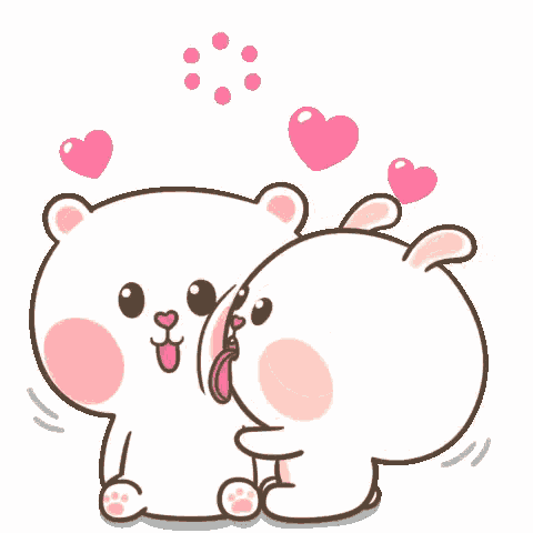 a cartoon of a bear and a rabbit kissing each other with hearts in the background .