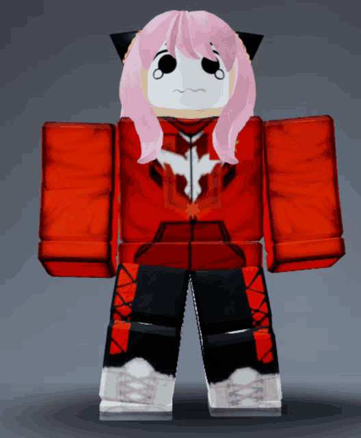 a girl with pink hair is wearing a red hoodie and black pants