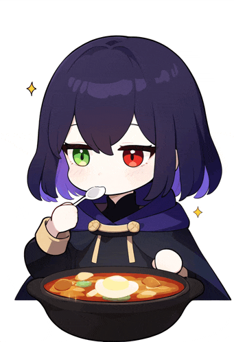 a girl with purple hair and green eyes is eating a bowl of soup
