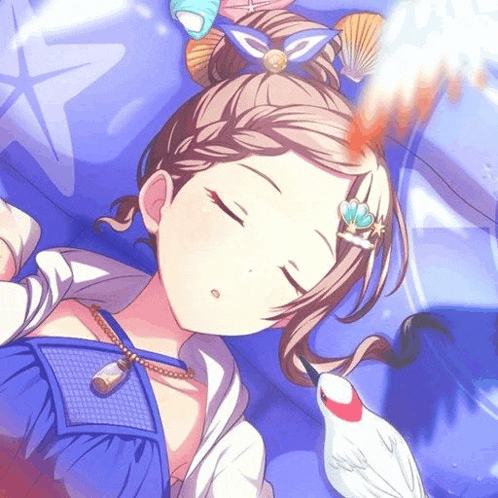 a girl is sleeping with a bird on her head in a video game .