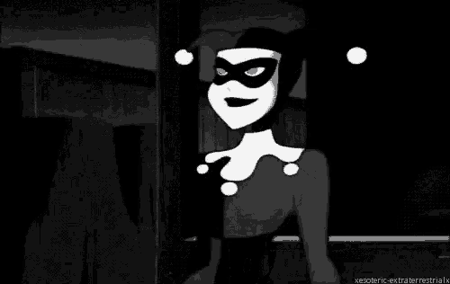 a black and white drawing of harley quinn from the batman animated series .