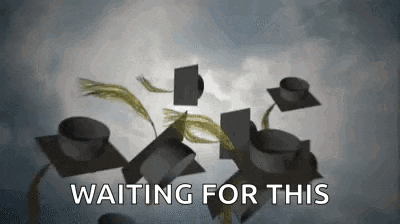 a bunch of graduation caps are flying in the air with the words waiting for this .
