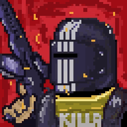 a pixel art of a knight holding a gun with the word kill written on his face