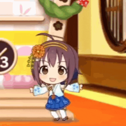 a little girl is dancing in a room with a clock on the wall .