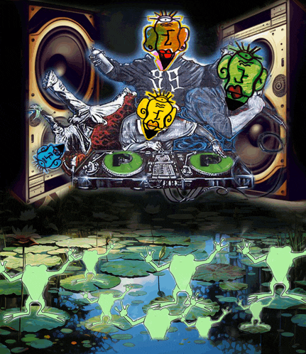 a painting of frogs dancing in front of a dj 's turntable that says p on it