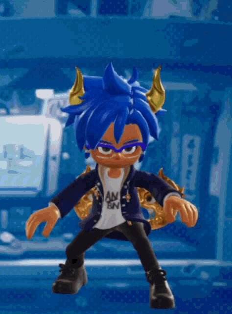 a cartoon character with blue hair and horns is wearing a shirt that says " am en "