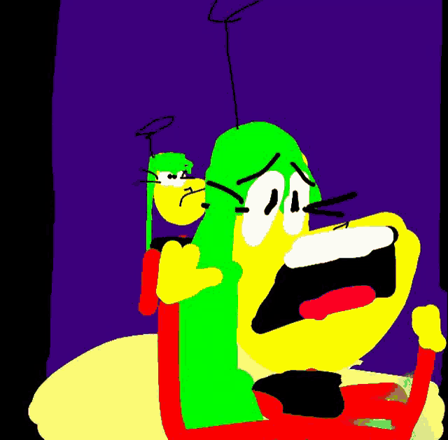 a cartoon drawing of a green and yellow cartoon character