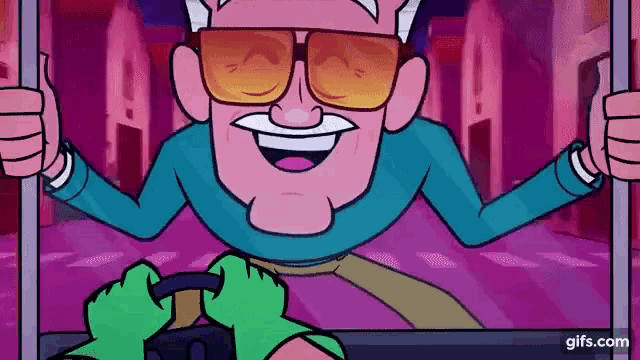 a cartoon of stan lee giving a thumbs up while sitting in a chair .