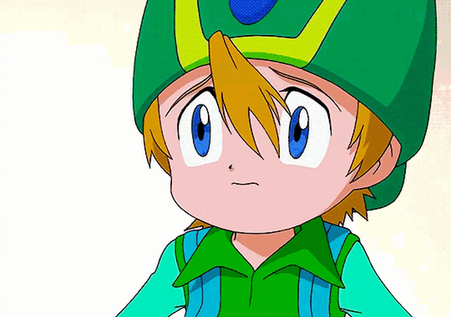 a cartoon character with a green hat and a blue shirt