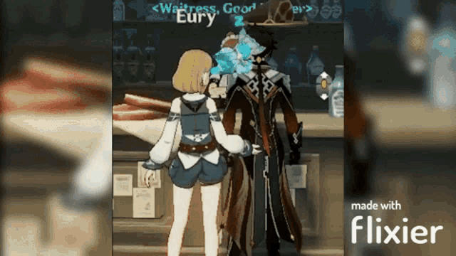 a man and a woman are standing next to each other in front of a sign that says waitress eury