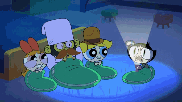a group of cartoon characters are wrapped in blankets and one has a flashlight