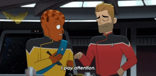 a cartoon character says " i pay attention " while talking to another character
