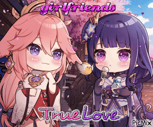 a picture of two anime girls with the words girlfriends true love written above them
