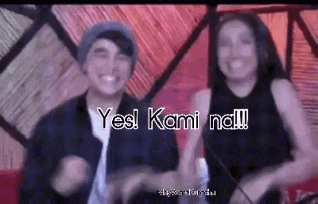 a man and a woman are dancing together with the words yes kami na