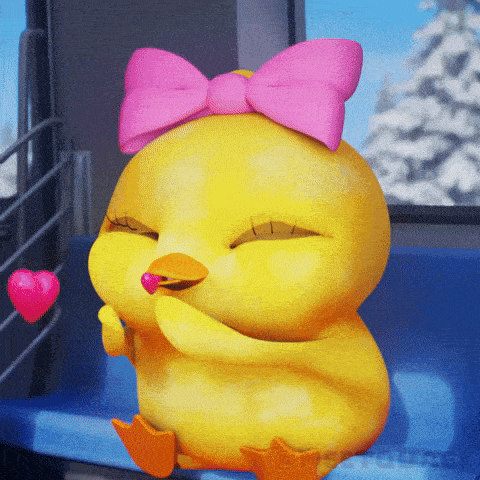 a yellow chick with a pink bow on its head is holding a heart