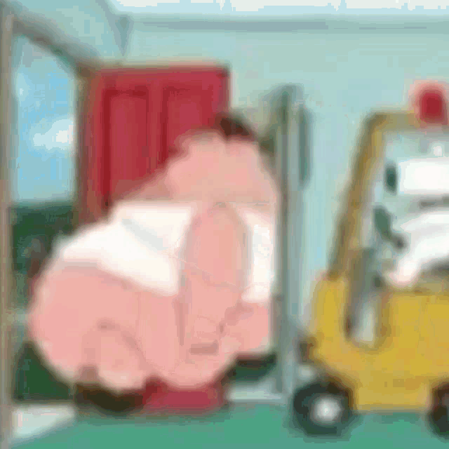 a cartoon character is standing next to a forklift .