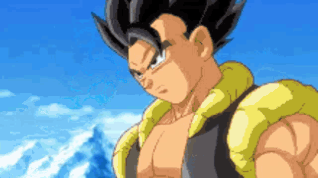 a close up of a cartoon character with a blue sky behind him .