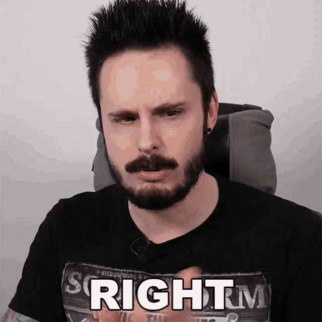 a man with a beard is wearing a black shirt that says right