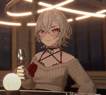 a girl with glasses is holding a glass of wine in front of a screen that says gamer glasses