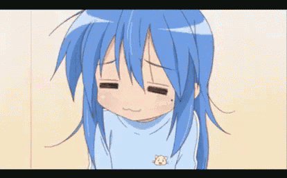 a cartoon girl with blue hair is yawning and making a funny face .