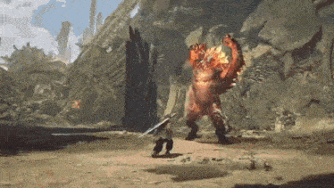 a video game character is fighting a monster with a sword .