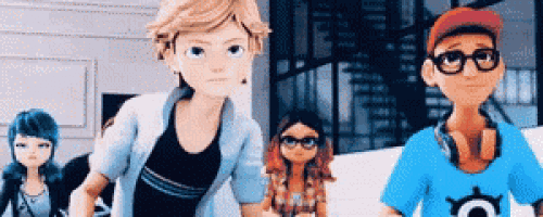 a group of cartoon characters are standing next to each other in front of a building .