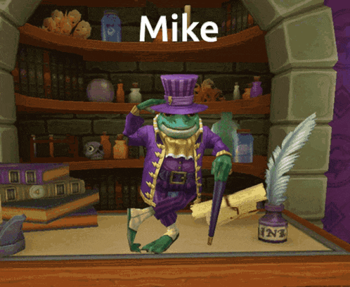 a frog wearing a top hat and a cane with the name mike on it