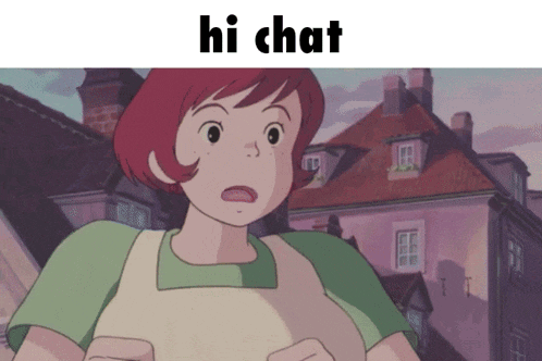 a cartoon girl with red hair stands in front of a building with the words hi chat above her