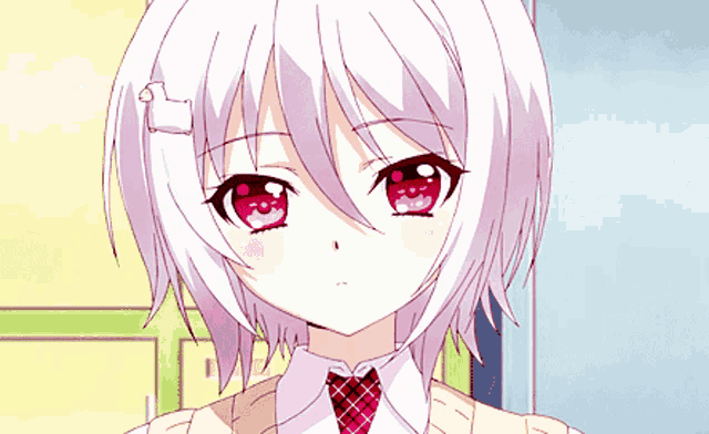a girl with white hair and red eyes is wearing a red tie