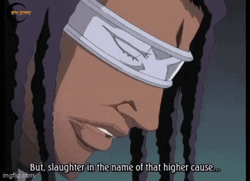a man with dreadlocks is wearing a blindfold and says but slaughter in the name of that higher cause