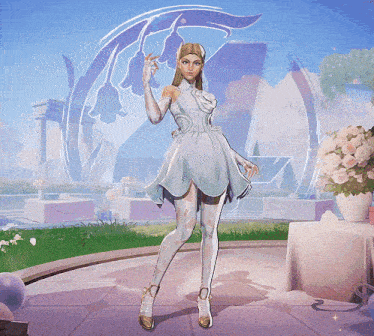 a woman in a white dress is standing in front of a purple circle