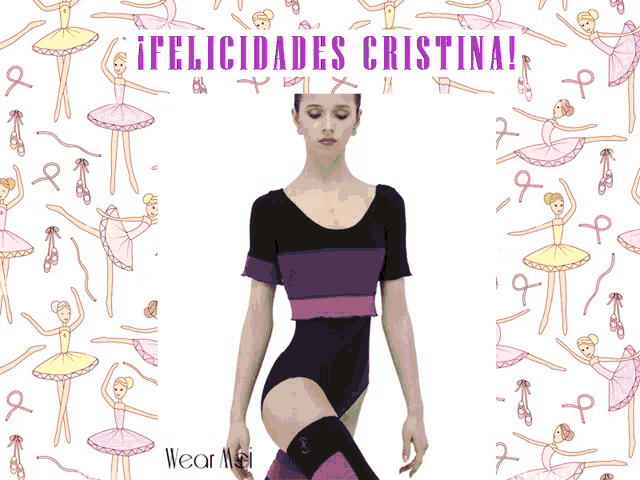 a woman in a black and purple leotard stands in front of a birthday cake with candles on it